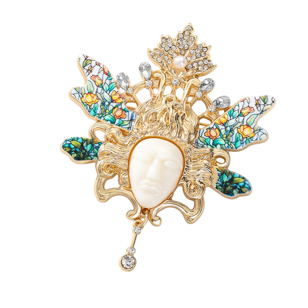 Fashion Forward Retro Beauty Head Wing Brooch Zinc Alloy