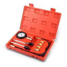 Engine Compression Test Kit for Petrol Gas Engines, Cylinder Compression Tester with Flexible Extension Hose and Selectable Brass Adapters,