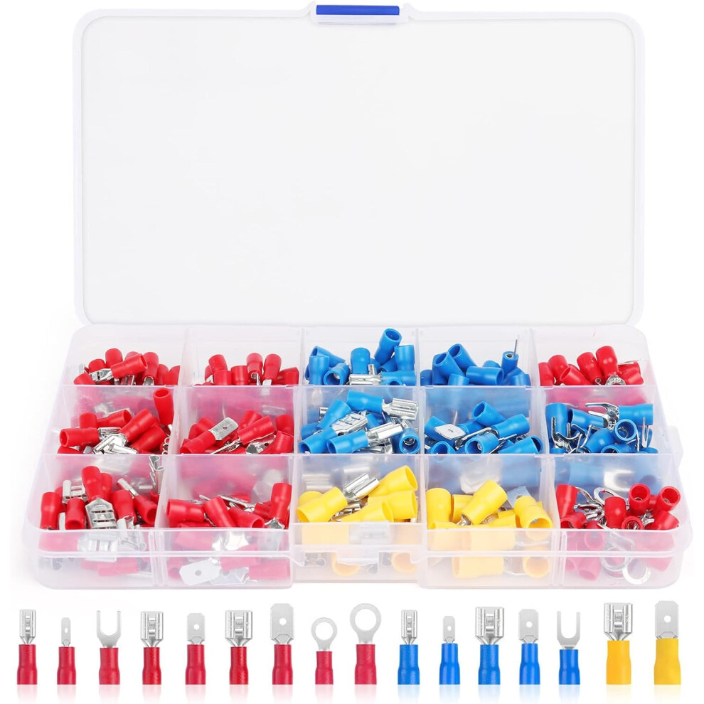 Insulated Cable Connector Assortment, Wire Crimp Butt For Automotive And Marine Wiring Projects, Quick Disconnect Spade Connector And Ring Fork Set 9358999675633