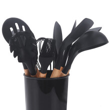11 Stück Silikon-Küchenutensilien-Set mit Holzgriffen, Schwarz