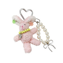 Adorable Long Ear Rabbit Plush Keychain With Pearls Hair-Pink