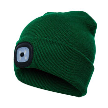 USB Rechargeable Beanie Hat Lighted Knit Cap 4 LED Hands Large Green For Camping Grilling Running Walking