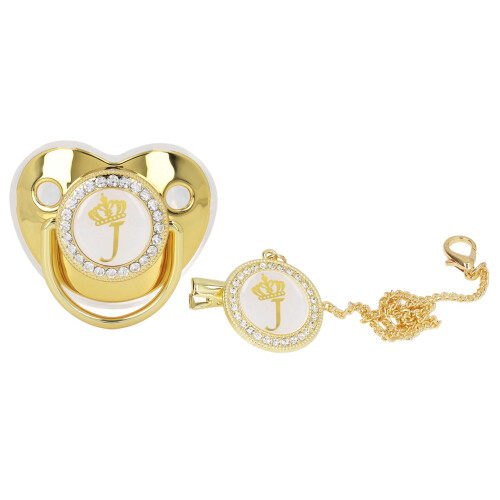 Ciuccio con Corona d'Oro Elegante e Strass con Catena - Lettera J 1