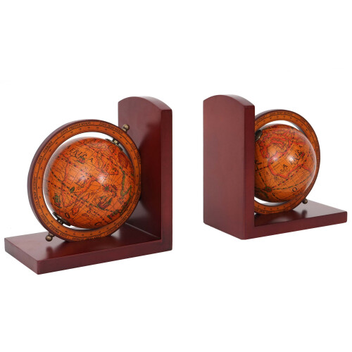 Set 2x fermalibri mappamondo antico MCW-B79 MDF plastica marrone