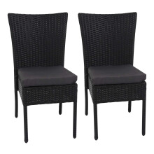 (schwarz, Kissen dunkelgrau) 2er-Set Poly-Rattan Stuhl MCW-G19, Balkonstuhl Gartenstuhl, stapelbar