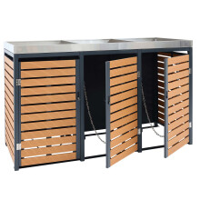 3x copribidoni box spazzatura rifiuti con fioriera MCW-K14 84x200x124cm metallo WPC ~ teak