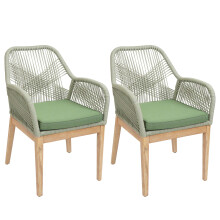 Set di 2 sedie da giardino MCW-H56b, poltrona da esterno, corda intrecciata legno di acacia ~ verde cuscini verdi