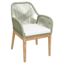 Sedia da giardino MCW-H56b, poltrona da esterno, corda intrecciata legno di acacia ~ verde cuscini avorio