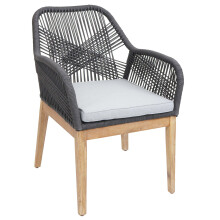 Sedia da giardino MCW-H56b, poltrona da esterno, corda intrecciata legno di acacia ~ grigio scuro cuscini grigi