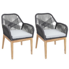 Set di 2 sedie da giardino MCW-H56b, poltrona da esterno, corda intrecciata legno di acacia ~ grigio scuro cuscini grigi