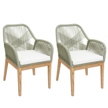 Set di 2 sedie da giardino MCW-H56b, poltrona da esterno, corda intrecciata legno di acacia ~ verde cuscini avorio