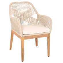 Sedia da giardino MCW-H56b, poltrona da esterno, corda intrecciata legno di acacia ~ beige cuscini bianco