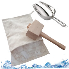 Manual Ice Crusher Set with Wooden Mallet, Crushing Bag and Scoop for Home Bar and Parties
