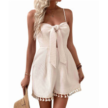 Trendy Spaghettibandjes Jumpsuit met Knoopsluiting, Wafelstof en Kwastjes voor Dames, Abrikoos Maat S