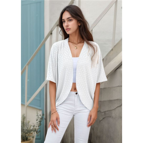 Cardigan con Scollo A V e Trafori, Bianco XL 2
