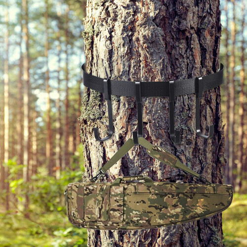 Multi-Function Treestand, Large Hooks Hunting Gear Organizer for Treestands, Durable Construction Lightweight Nylon Webbing, Black 1 Strap 4 Hooks 2