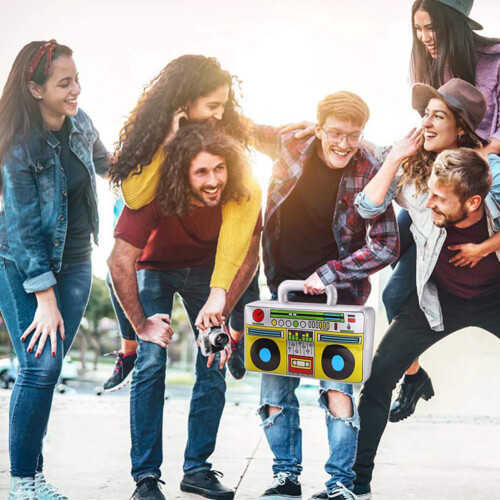 Ζωντανό φουσκωτό Boombox, ασημί τυπωμένο με πολύχρωμο ρετρό σχέδιο, ιδανικό για 2