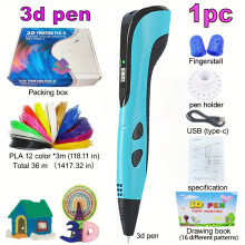 (Bleu, 3 m) Stylo d'impression artistique 3d, interface enfichable USB type-c nouvellement améliorée, sans batterie, adapté à la