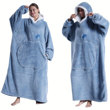(ZX Mist Blue Long) Robe à capuche chaude et épaisse coupe-vent |Couverture en flanelle pour couple avec poche Apple, adaptée à une