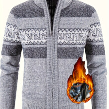 (Light Grey, 42) Pull en tricot de Sport doublé polaire thermique pour hommes, avec poches zippées, motif ondulé ethnique, col montant,