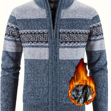 (Navy Blue, 40) Pull en tricot de Sport doublé polaire thermique pour hommes, avec poches zippées, motif ondulé ethnique, col montant,