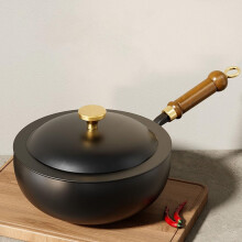 Wrought Iron Frying Pan with Lid, HandHammered Flat Bottom Wok 24x11cm Large Capacity Kitchen Pan