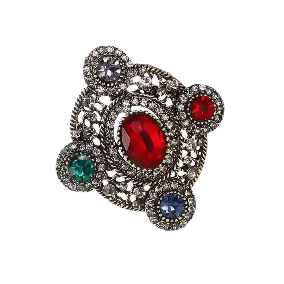 Red Retro Rhinestones Bowknot Heart Oval Brooch Lapel Pin