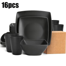 (16pcs Set Black) 16pcs Classic Square Dinnerware Set, Including 8 Square Plates, 4 Square Bowls, 4 Cups, Suitable for Family, Picnic,