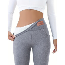 (Light Grey, 18) Leggings De Mujer De Talle Alto Con Forro De Felpa Y Etiqueta De Moda Para Otoño E Invierno Con Bolsillos: Pantalones Té