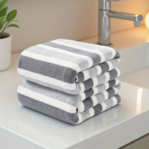 (Grey*2) Set of 2 Oversized Bath Towels, Featuring a Luxurious Soft Striped Design, Highly Absorbent And Quick-Drying, Perfect 1