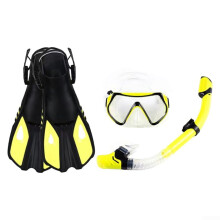 Snorkel Set Adjustable Mask Dry  Short Fins Tempered Glass Lens Silicone Mouthpiece Open Heel Adults Yellow S/M
