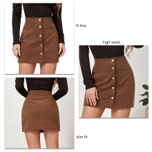 Braune Corduroy-Miniskirt für Damen Hohe Taille A-Linie Knopftaschen Herbst Winter S