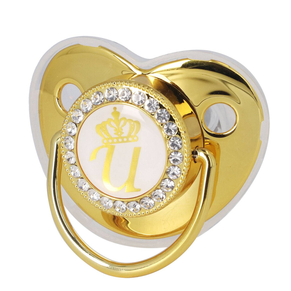 Baby Pacifier with Chain, Golden Crown Letter U, 6-18 Months