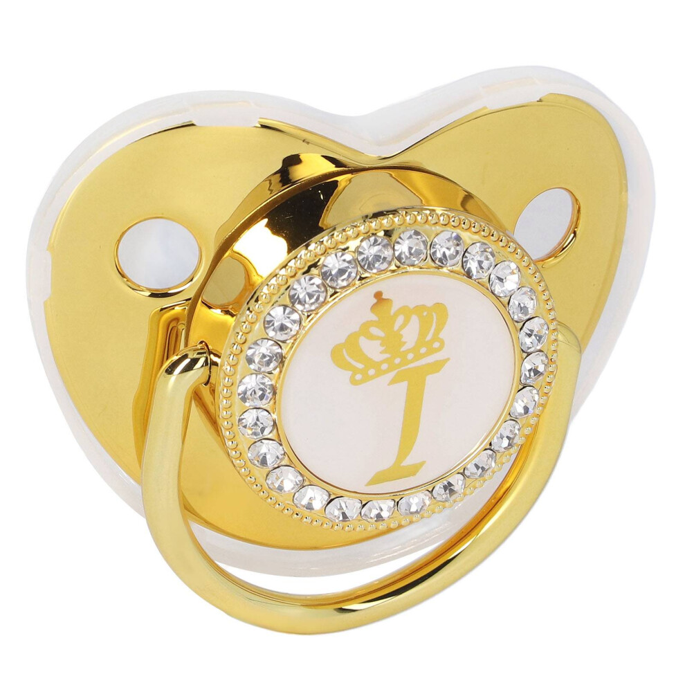 Exquisite Crown Rhinestone Pacifier & Clip - Gold Letter I Design