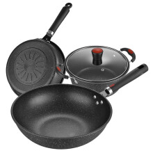 NonStick Maifan Stone Cookware Set with Fast Heat Conduction, Tempered Lid, 3Piece