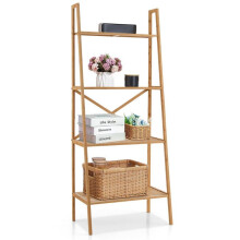 Estante de biblioteca - HELLOSHOP26 - Modelo escada - Bambu natural - Dispositivo anti-tipping - 4 níveis