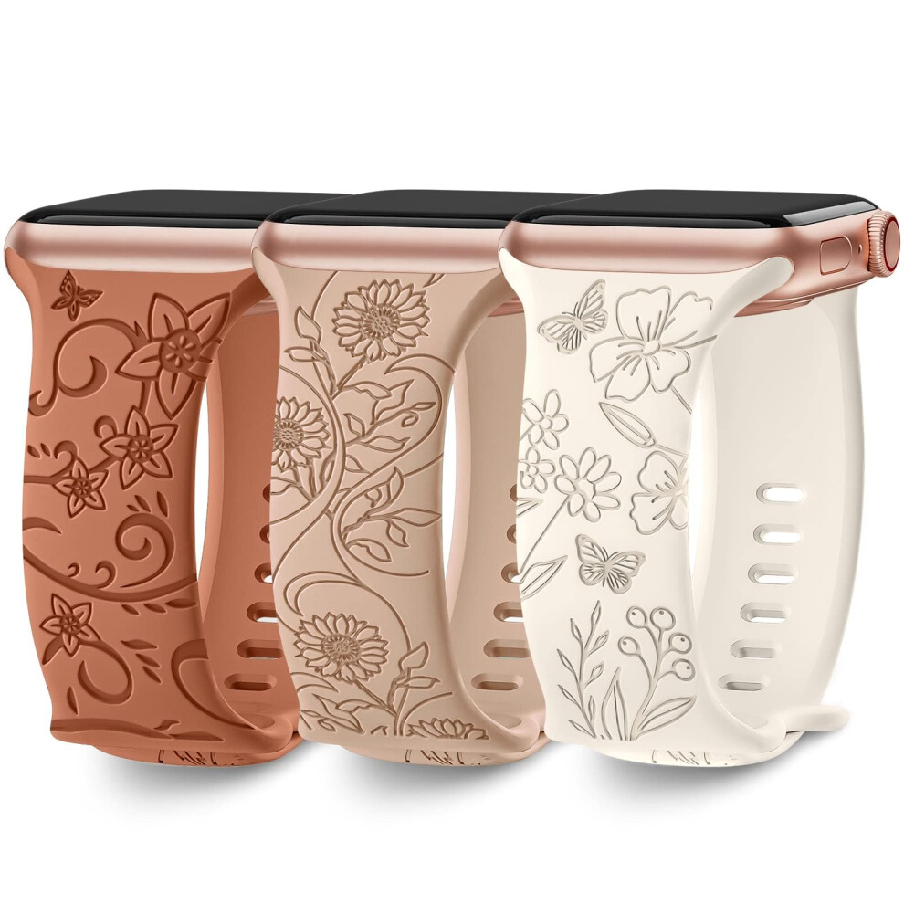 Pack Of 3 Floral Engraved Bands Compatible With Apple Watch 40Mm 41Mm 44Mm 46Mm 45Mm 38Mm 42Mm 49Mm Women's Silicone Strap 9382693704252