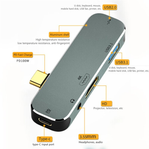 PC Computer Type-C Extension Hub 5 in 1 3.55mm Jack PD100W USB3.0/USB3.1 -Compatible USB Extender YX04-X5 1