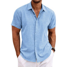 Mens Casual Button Down Shirts Short Sleeve Cotton Linen Blend Lightweight Breathable Light Blue 3XL