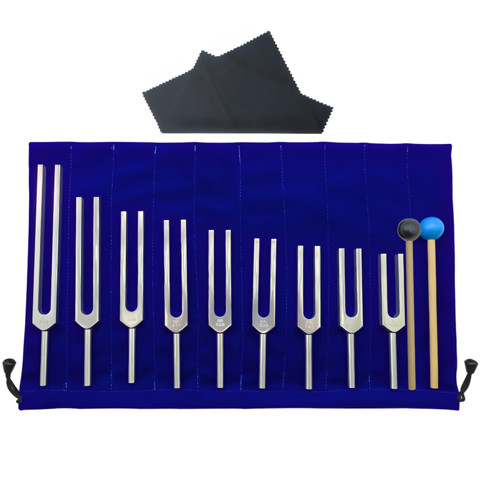 9Piece Solfeggio Tuning Forks Set with Mallet and Bag, Aluminum Alloy for Sound Therapy and Meditation