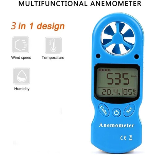 Mini Multipurpose Anemometer, Digital Anemometer LCD Wind Speed Temperature Humidity Meter with Thermometer Anemometer (Size : Blu) Ref: 9209 2