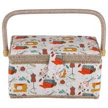 Vintage Fabric Covered Sewing Basket with Handle for Supplies Storage 27.8x18x14.5cm