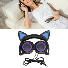 Cute Cat Ear Wired Headphones with LED Light for Kids & Adults
