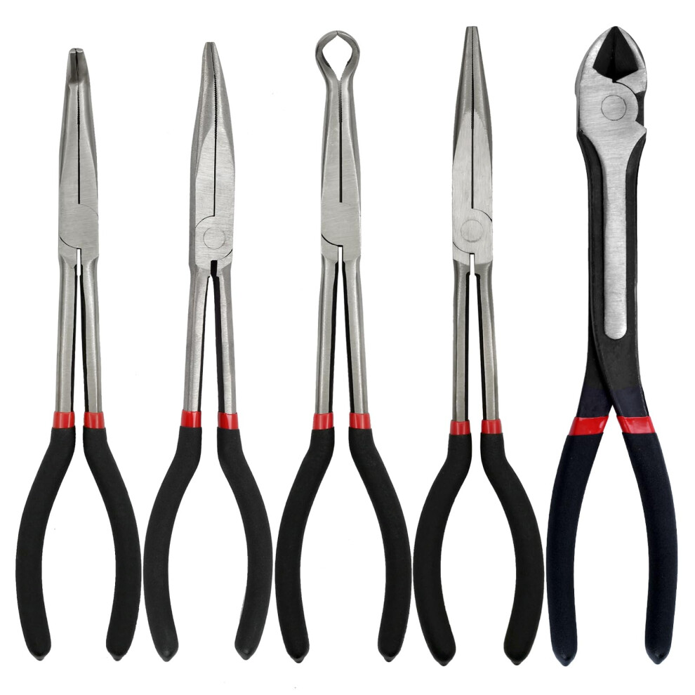 5Piece 11Inch Long Nose Pliers Set, Extra Long Nose Pliers, Straight Longrange, 45/90 Curved, Oshaped, Diagonal Pliers (5Pcs). 9382693715418