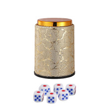 1 set dice cup with golden , golden pattern, leather and plastic material, for travel and pub use, includes 6 cubes.