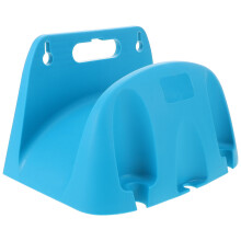 Wallmounted hose holder made of plastic, a durable solution for storing garden hoses, suitable for installation in gardens and garages.