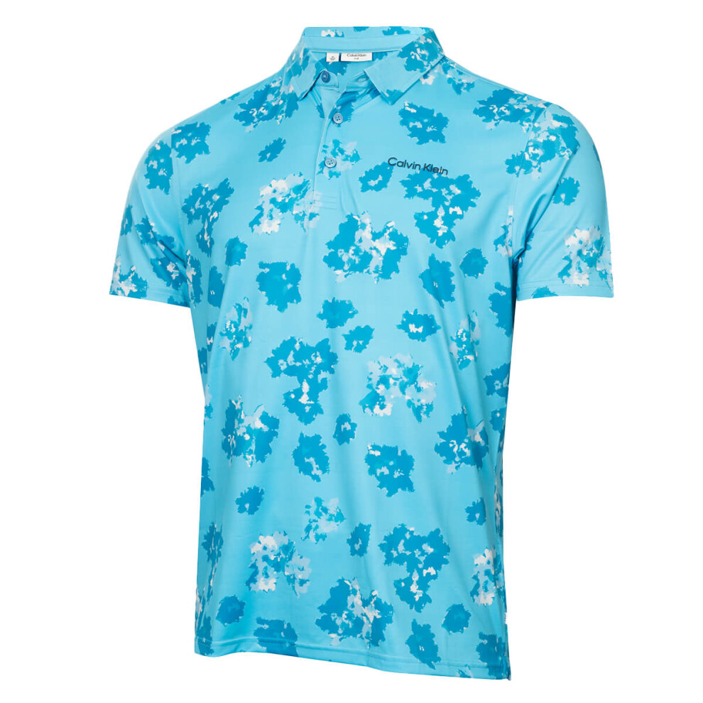 Calvin Klein (L, Aquarius) Mens Cyber Floral Printed Moisture Wicking Golf Polo Shirt
