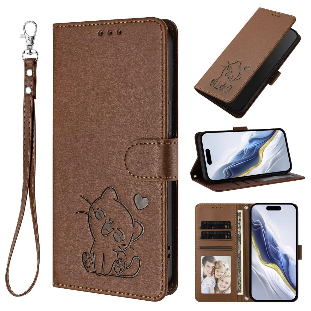 Case Flip Pu Leather Wallet Folio Embossed Cat Shockproof Stand Magnetic Tpu Bumper For Samsung Galaxy A22 5G Brown 9189345355936