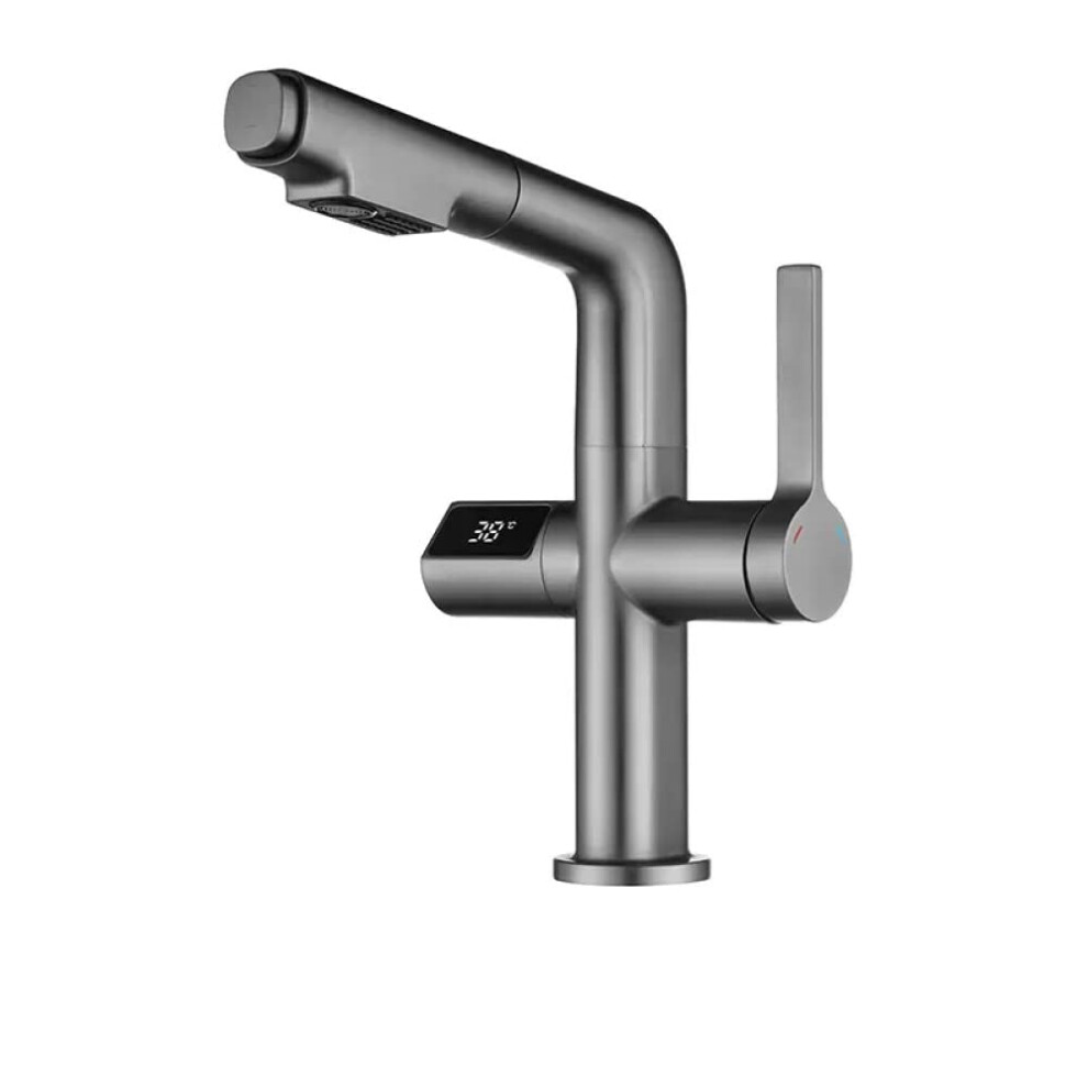Grey Intelligent Digital Display Basin Faucet Pull Out Basin Tap Hot And Cold Brass Deck Mount Mixer Tap Gun Grey 9347817044621