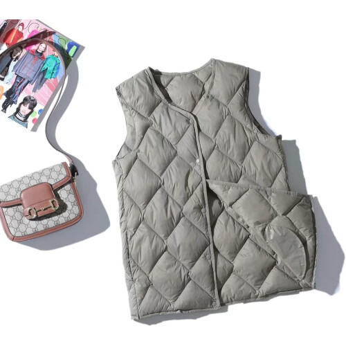 Women's Lightweight Quilted Vest Diamond Pattern Packable Sleeveless Jacket With Button Placket Khaki L Style M03 1